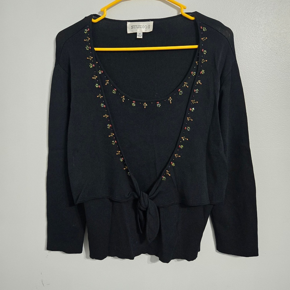B#37 Studio I Womens Black Embellished Tie Front‎  Top Size 18 Blouse